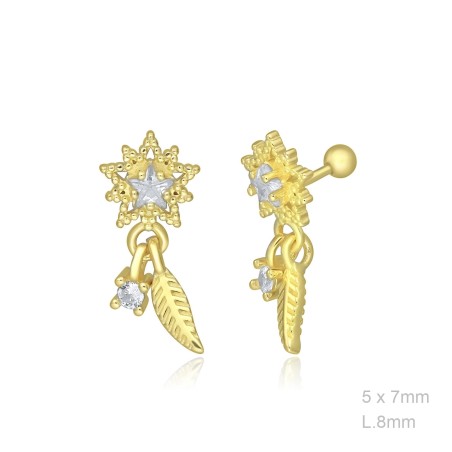 Pendientes Piercing Dorado Flor Pluma Circ